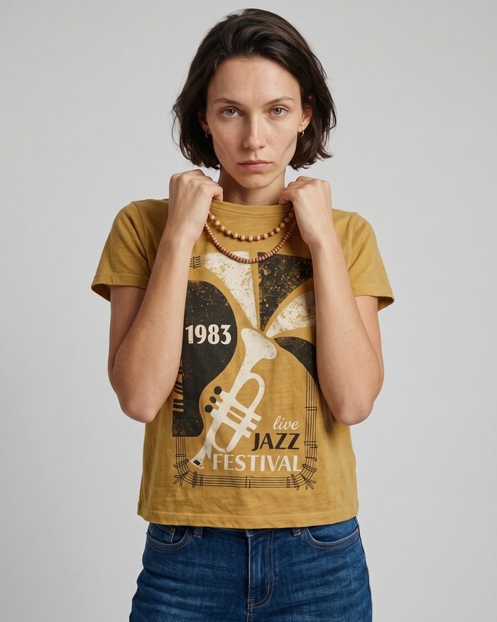 Primer plano de la remera con el estampado del festival