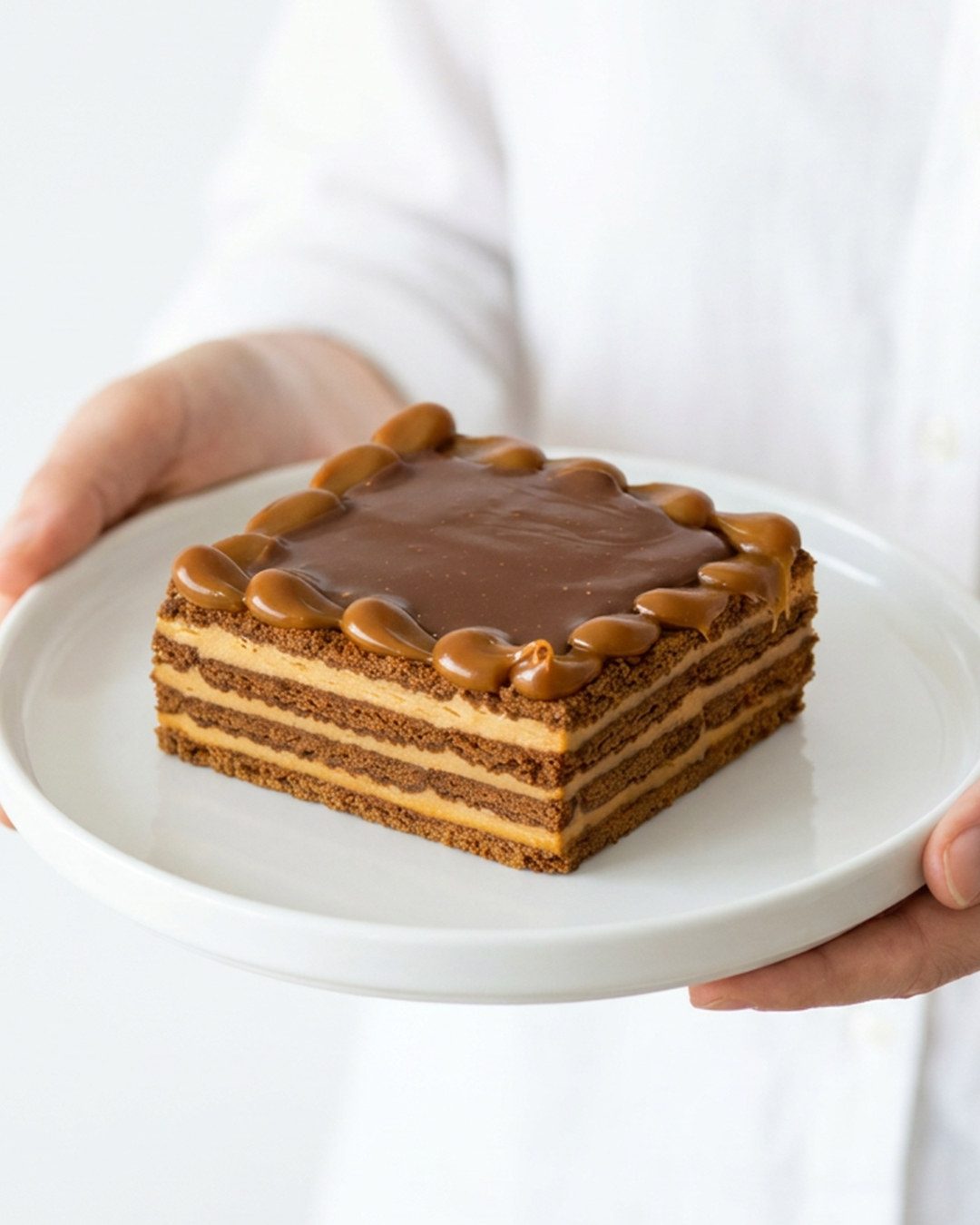 Chocotorta servida en un plato sostenido con las dos manos