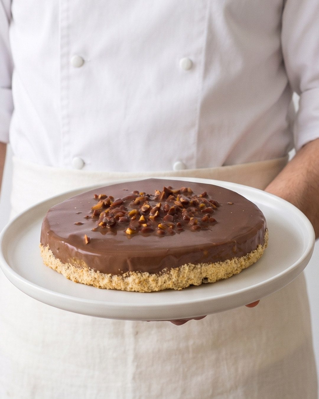 Pastelero sosteniendo una torta de chocolate con almendras
