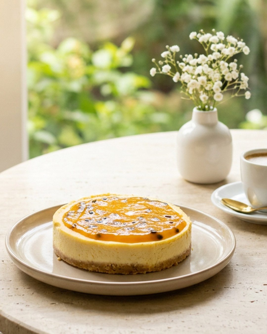 Cheesecake de maracuyá junto a una taza de café
